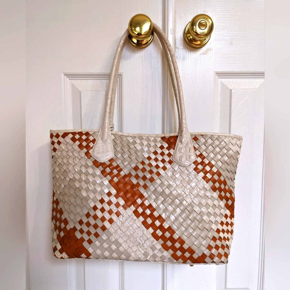 Brahmin Elegant Woven Leather Tote Bag - Cream and Tan. VGUC